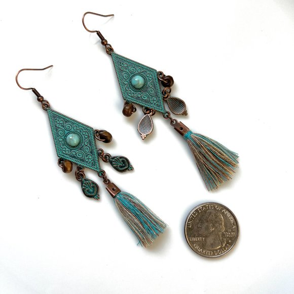NEW Boho Rhombus Tassel Silk Earrings - Picture 3 of 5